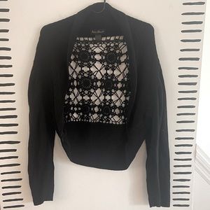 Ashley Stewart black macramé sweater cardigan.